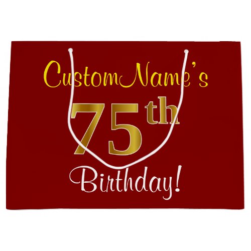 Elegant Red Faux Gold 75th Birthday Custom Name Large Gift Bag