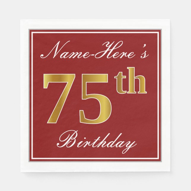 Elegant Red, Faux Gold 75th Birthday + Custom Name Napkins (Front)