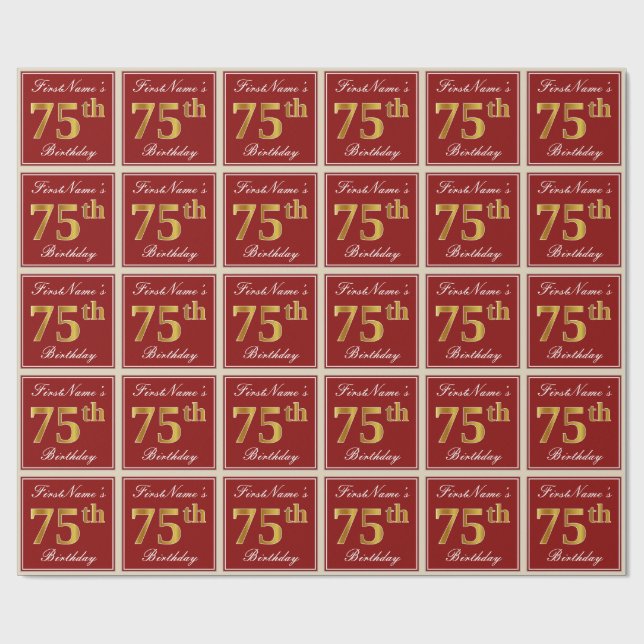 Elegant, Red, Faux Gold 75th Birthday; Custom Name Wrapping Paper (Flat)
