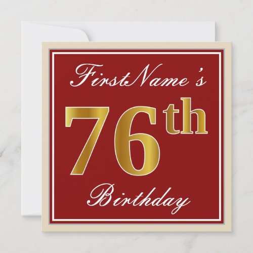 Elegant Red Faux Gold 76th Birthday Custom Name Invitation