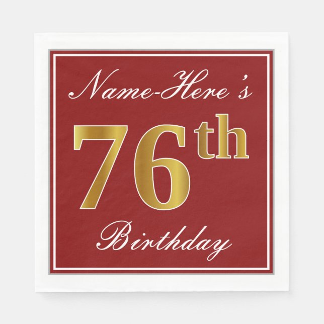 Elegant Red, Faux Gold 76th Birthday + Custom Name Paper Napkins (Front)
