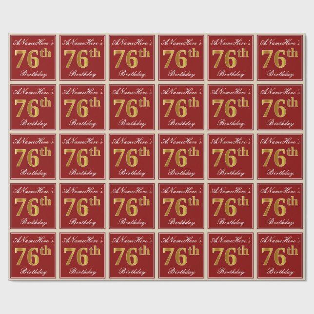 Elegant, Red, Faux Gold 76th Birthday; Custom Name Wrapping Paper (Flat)