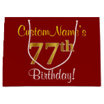 [ Thumbnail: Elegant, Red, Faux Gold 77th Birthday; Custom Name Gift Bag ]