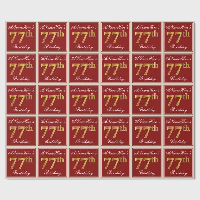 Elegant, Red, Faux Gold 77th Birthday; Custom Name Wrapping Paper (Flat)
