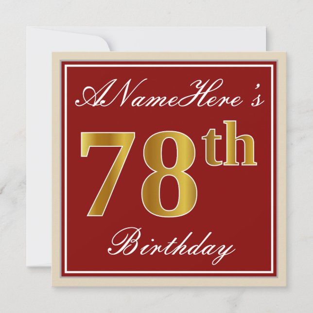 Elegant, Red, Faux Gold 78th Birthday; Custom Name Invitation (Front)