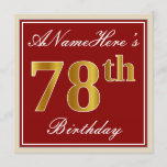[ Thumbnail: Elegant, Red, Faux Gold 78th Birthday; Custom Name Invitation ]