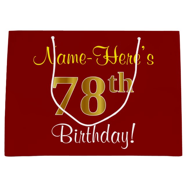 Elegant, Red, Faux Gold 78th Birthday; Custom Name Large Gift Bag (Front)