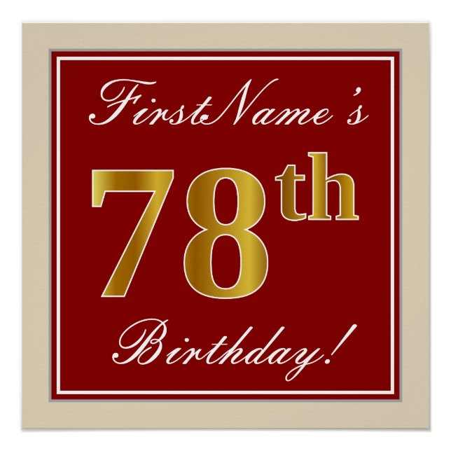 Elegant, Red, Faux Gold 78th Birthday; Custom Name Poster (Front)