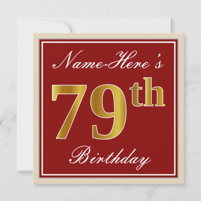 Elegant, Red, Faux Gold 79th Birthday; Custom Name Invitation (Front)
