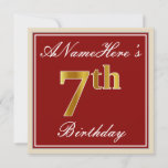 [ Thumbnail: Elegant, Red, Faux Gold 7th Birthday + Custom Name Invitation ]