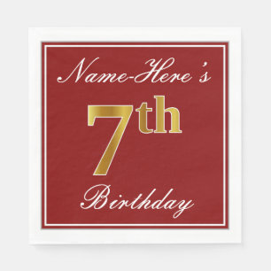 Elegant Red, Faux Gold 7th Birthday + Custom Name Napkins