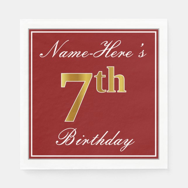 Elegant Red, Faux Gold 7th Birthday + Custom Name Napkins (Front)