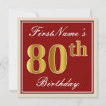 [ Thumbnail: Elegant, Red, Faux Gold 80th Birthday; Custom Name Invitation ]