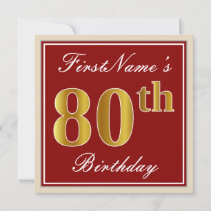 Elegant, Red, Faux Gold 80th Birthday; Custom Name Invitation