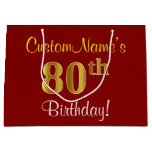 [ Thumbnail: Elegant, Red, Faux Gold 80th Birthday; Custom Name Gift Bag ]