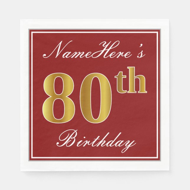 Elegant Red, Faux Gold 80th Birthday + Custom Name Napkins (Front)