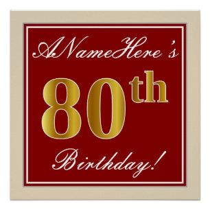 Elegant, Red, Faux Gold 80th Birthday; Custom Name Poster