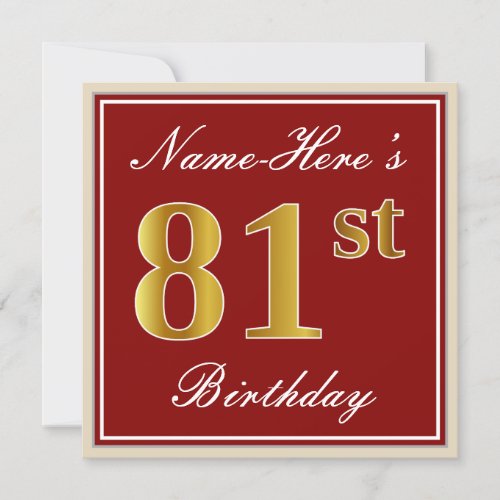 Elegant Red Faux Gold 81st Birthday Custom Name Invitation