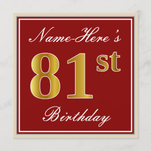 Elegant, Red, Faux Gold 81st Birthday; Custom Name Invitation