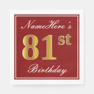 Elegant Red, Faux Gold 81st Birthday + Custom Name Paper Napkins