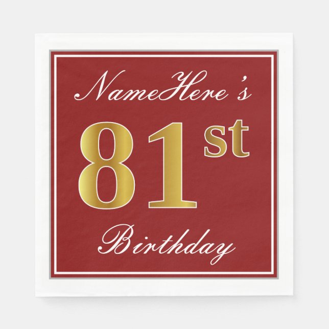 Elegant Red, Faux Gold 81st Birthday + Custom Name Paper Napkins (Front)