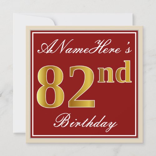 Elegant Red Faux Gold 82nd Birthday Custom Name Invitation