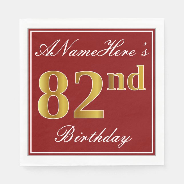 Elegant Red, Faux Gold 82nd Birthday + Custom Name Paper Napkins (Front)