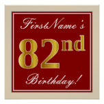 [ Thumbnail: Elegant, Red, Faux Gold 82nd Birthday; Custom Name Poster ]