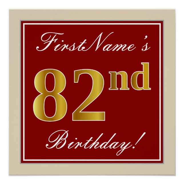Elegant, Red, Faux Gold 82nd Birthday; Custom Name Poster (Front)