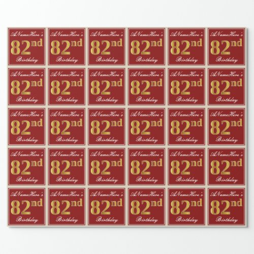 Elegant Red Faux Gold 82nd Birthday Custom Name Wrapping Paper