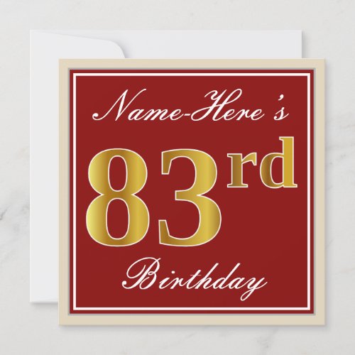 Elegant Red Faux Gold 83rd Birthday Custom Name Invitation