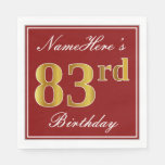 [ Thumbnail: Elegant Red, Faux Gold 83rd Birthday + Custom Name Napkins ]