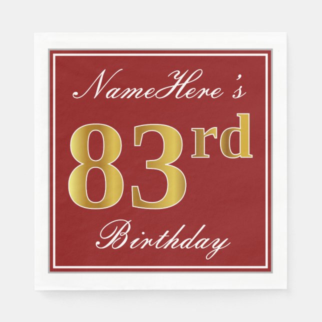 Elegant Red, Faux Gold 83rd Birthday + Custom Name Paper Napkins (Front)