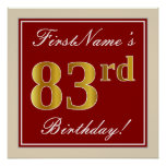 [ Thumbnail: Elegant, Red, Faux Gold 83rd Birthday; Custom Name Poster ]