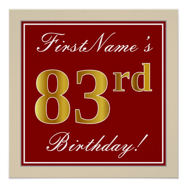 Elegant, Red, Faux Gold 83rd Birthday; Custom Name Poster (Front)
