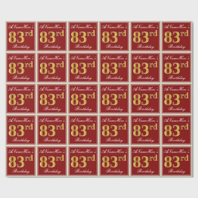Elegant, Red, Faux Gold 83rd Birthday; Custom Name Wrapping Paper (Flat)