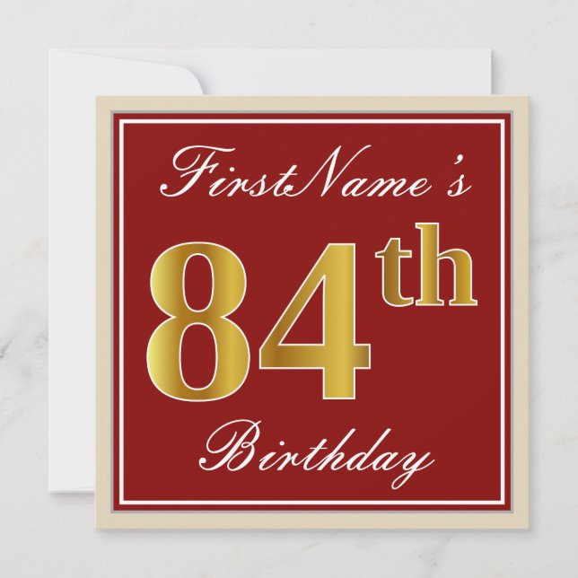 Elegant, Red, Faux Gold 84th Birthday; Custom Name Invitation (Front)