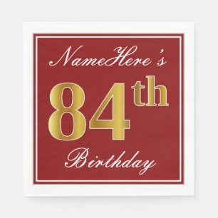 Elegant Red, Faux Gold 84th Birthday + Custom Name Paper Napkins