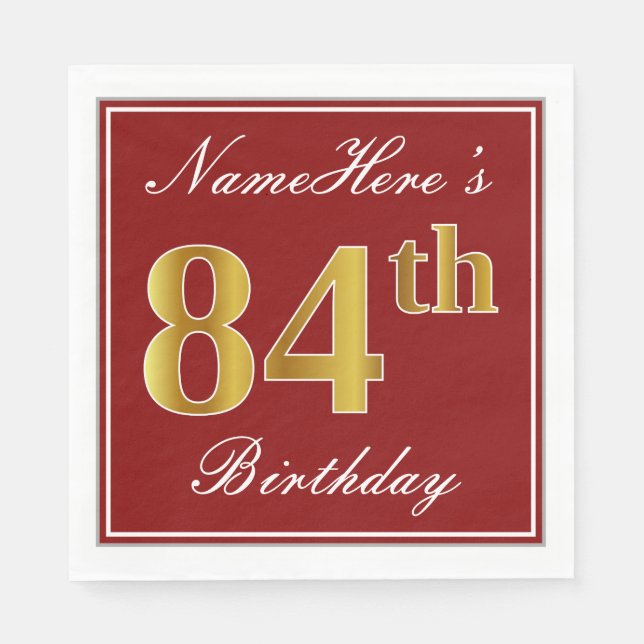 Elegant Red, Faux Gold 84th Birthday + Custom Name Paper Napkins (Front)