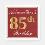 [ Thumbnail: Elegant Red, Faux Gold 85th Birthday + Custom Name Napkins ]