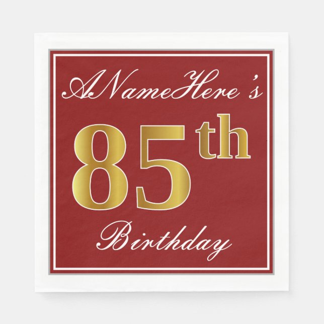 Elegant Red, Faux Gold 85th Birthday + Custom Name Paper Napkins (Front)