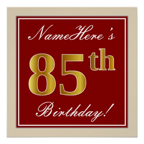 Elegant Red Faux Gold 85th Birthday Custom Name Poster
