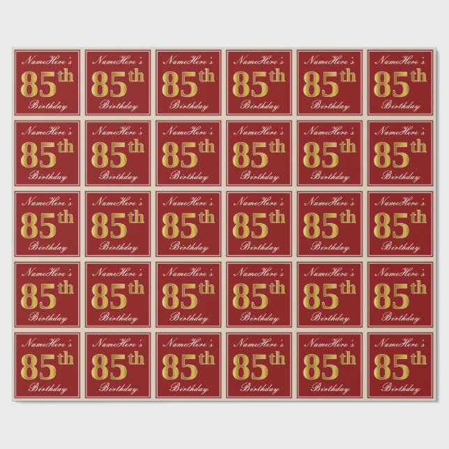 Elegant, Red, Faux Gold 85th Birthday; Custom Name Wrapping Paper (Flat)