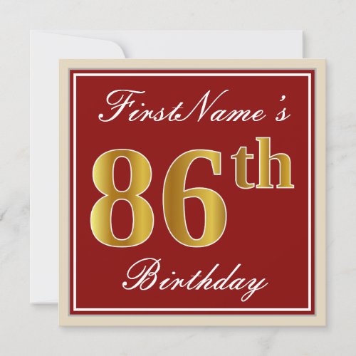 Elegant Red Faux Gold 86th Birthday Custom Name Invitation