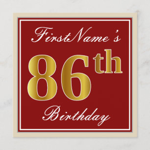 Elegant, Red, Faux Gold 86th Birthday; Custom Name Invitation