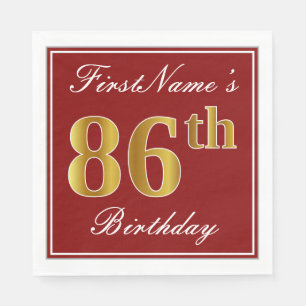 Elegant Red, Faux Gold 86th Birthday + Custom Name Paper Napkins