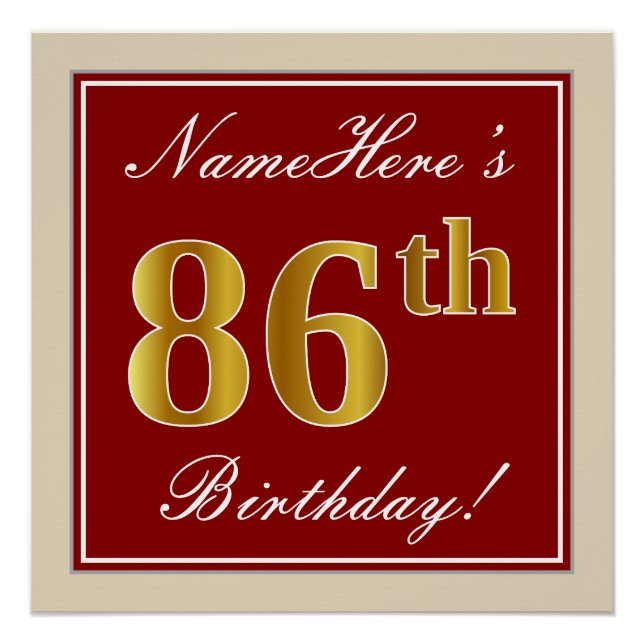Elegant, Red, Faux Gold 86th Birthday; Custom Name Poster (Front)