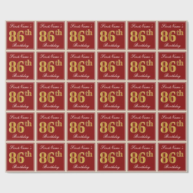 Elegant, Red, Faux Gold 86th Birthday; Custom Name Wrapping Paper (Flat)