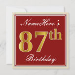 [ Thumbnail: Elegant, Red, Faux Gold 87th Birthday; Custom Name Invitation ]