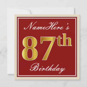 Elegant, Red, Faux Gold 87th Birthday; Custom Name Invitation